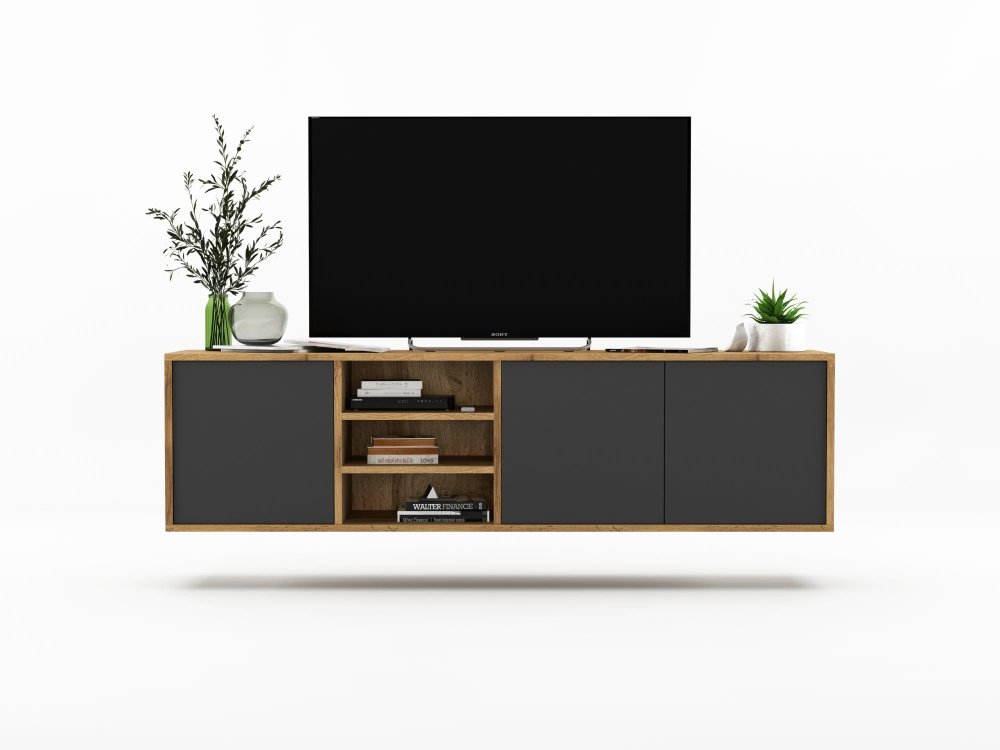 Wisząca szafka RTV APOLLO Loft 150 cm  Dąb wotan/grafit MAT