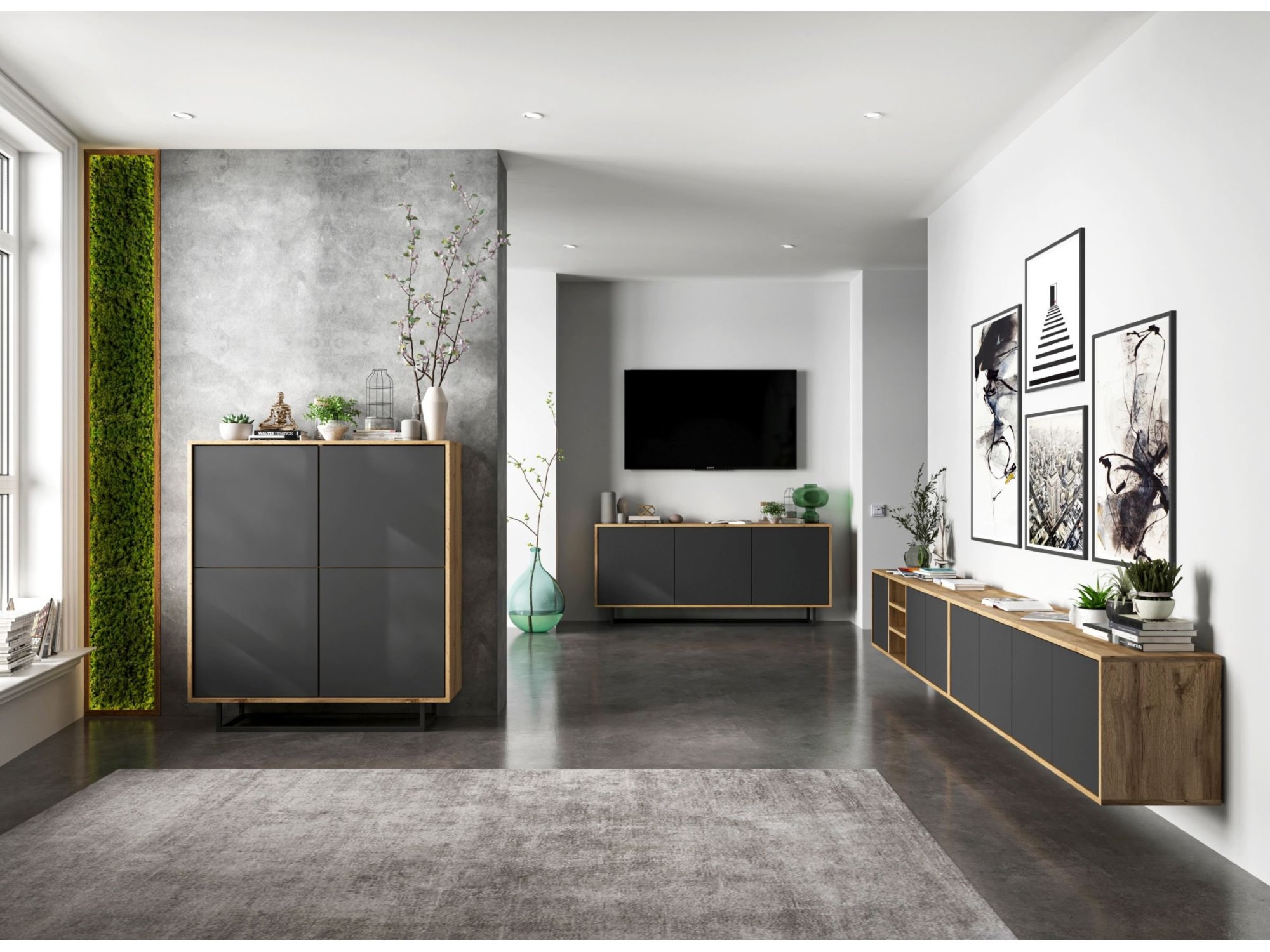 Wisząca szafka RTV Loft Industrialna APOLLO Dąb Wotan / Grafit Mat 300 cm