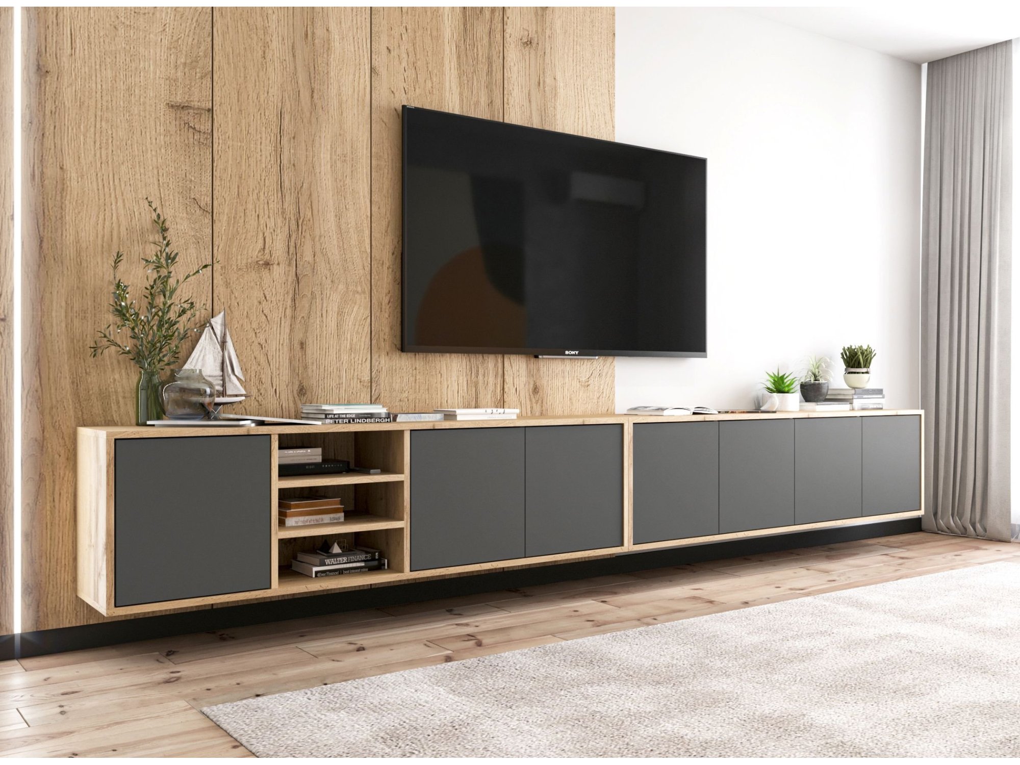 Wisząca szafka RTV Loft Industrialna APOLLO Dąb Wotan / Grafit Mat 300 cm