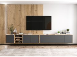 Wisząca szafka RTV Loft Industrialna APOLLO Dąb Wotan / Grafit Mat 300 cm