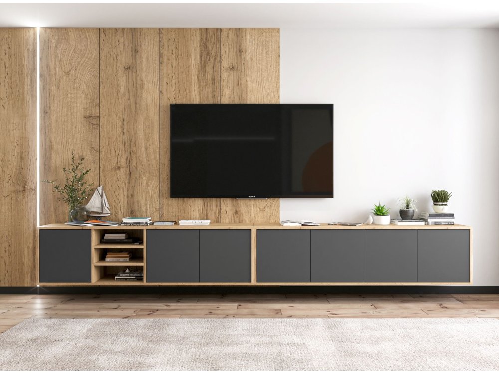 Wisząca szafka RTV Loft Industrialna APOLLO Dąb Wotan / Grafit Mat 300 cm