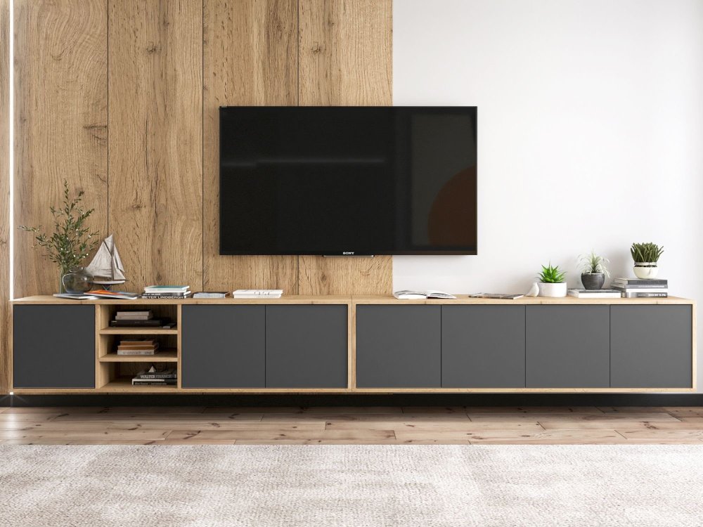 Wisząca szafka RTV Loft Industrialna APOLLO Dąb Wotan / Grafit Mat 300 cm