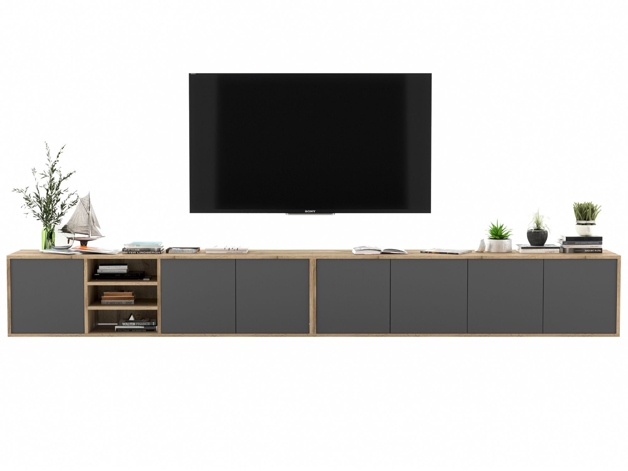 Wisząca szafka RTV Loft Industrialna APOLLO Dąb Wotan / Grafit Mat 300 cm