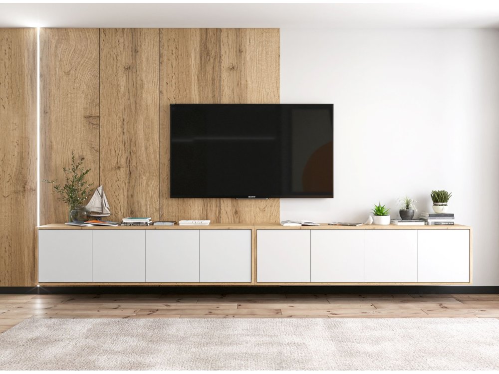 Wisząca Szafka RTV Loft 300 cm Apollo, Biała/Dąb Wotan, Dobra Cena, Sklep Online | Meble Lindner