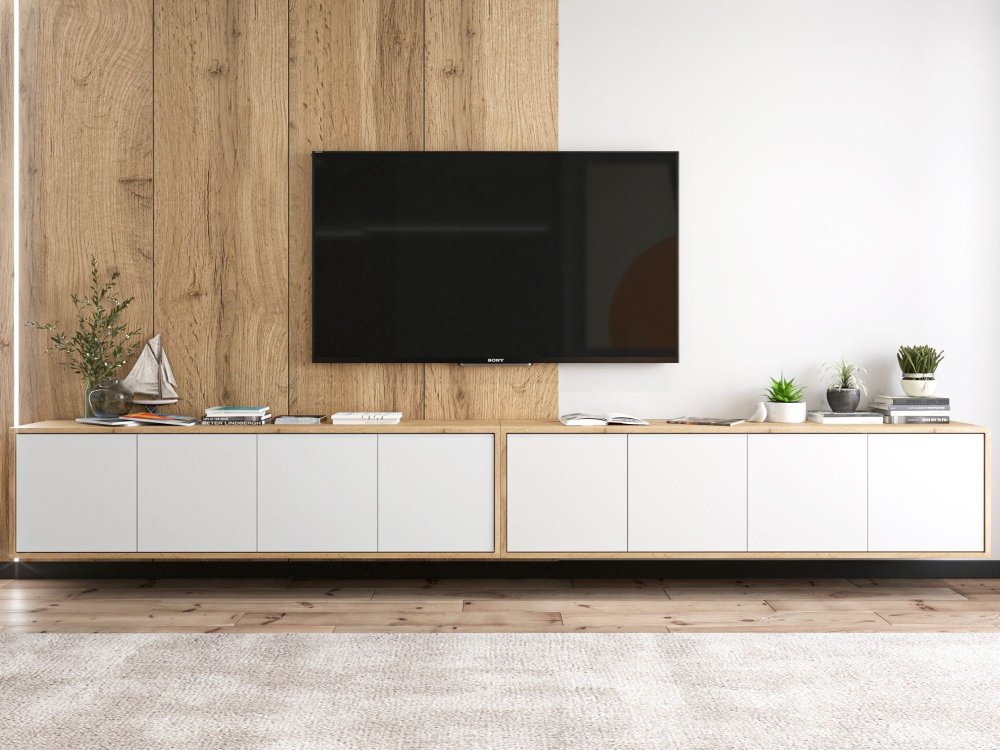 Wisząca Szafka RTV Loft 300 cm Apollo, Biała/Dąb Wotan, Dobra Cena, Sklep Online | Meble Lindner