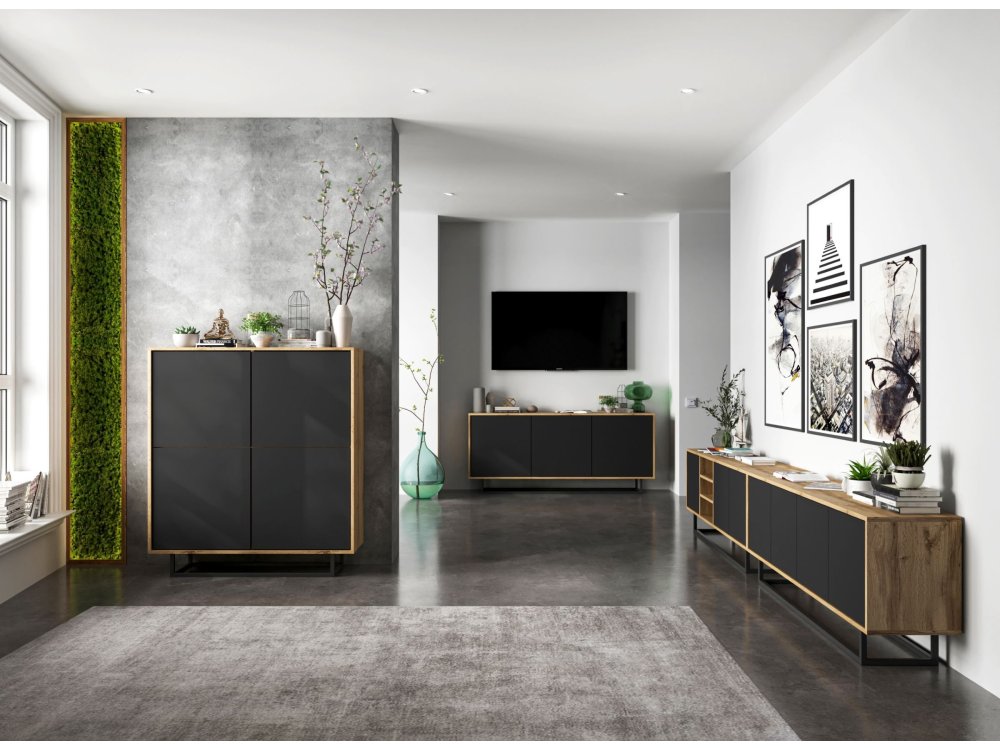 Szafka RTV Loft Industrialna, Dąb/Wotan, Czarny Mat 150 cm, Dobra Cena, Sklep Online
