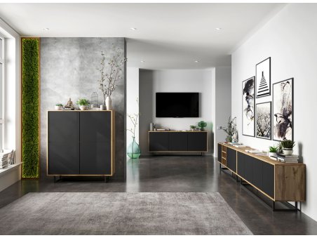 Szafka RTV Loft Industrialna, Dąb/Wotan, Czarny Mat 150 cm, Dobra Cena, Sklep Online