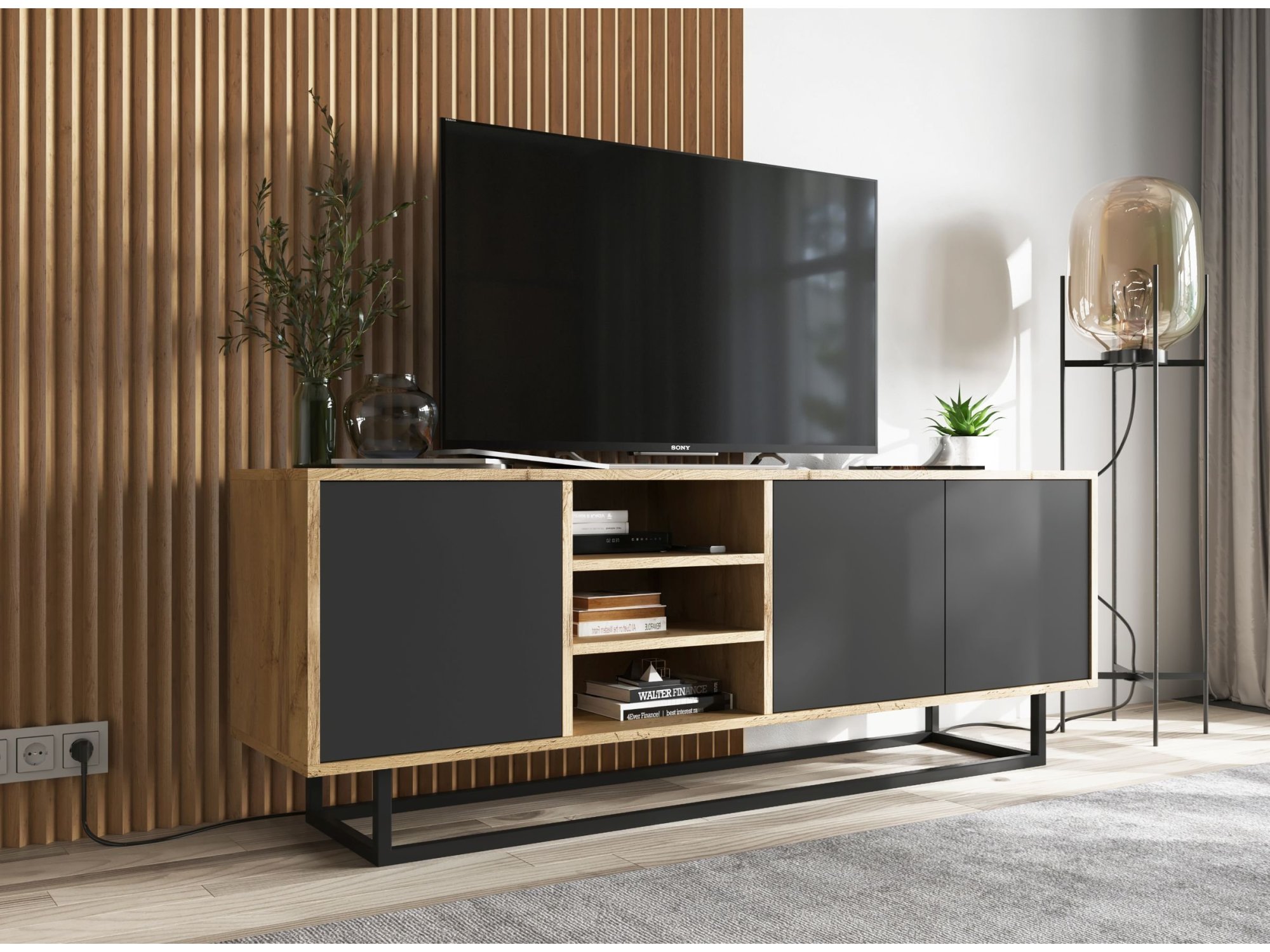 Szafka RTV Loft Industrialna, Dąb/Wotan, Czarny Mat 150 cm, Dobra Cena, Sklep Online