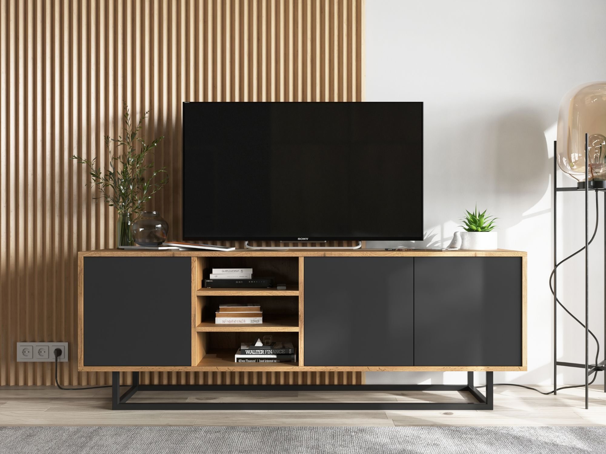 Szafka RTV Loft Industrialna, Dąb/Wotan, Czarny Mat 150 cm, Dobra Cena, Sklep Online