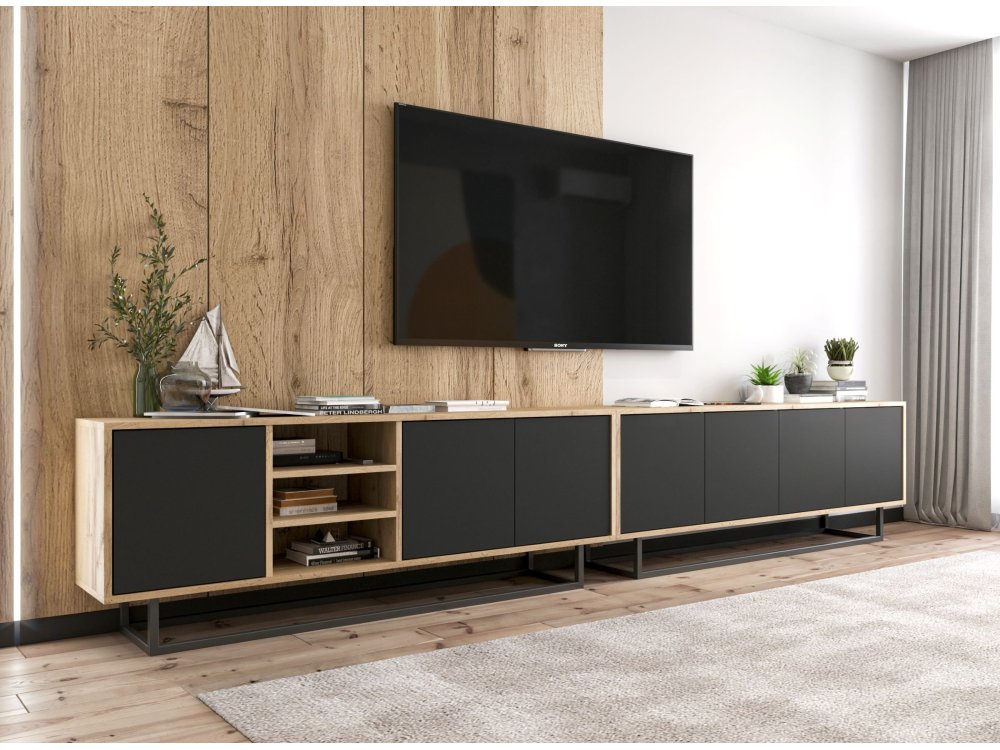 Szafka RTV Loft Industrialna, Dąb/Wotan, Czarny Mat 150 cm, Dobra Cena, Sklep Online