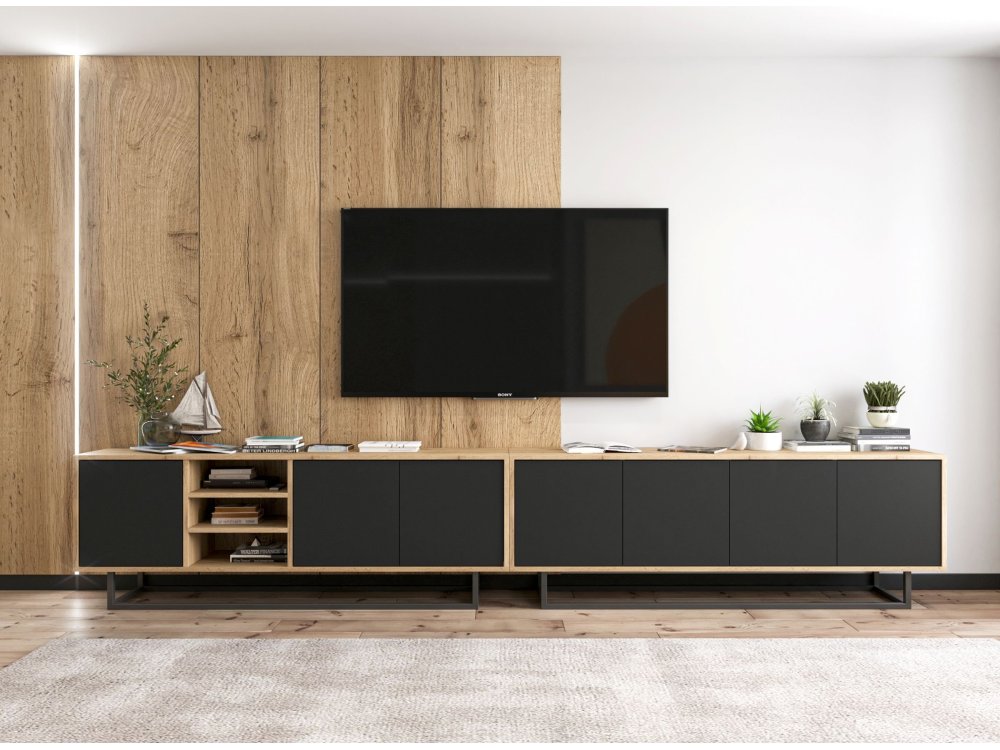 Szafka RTV Loft Industrialna, Dąb/Wotan, Czarny Mat 150 cm, Dobra Cena, Sklep Online
