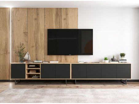 Szafka RTV Loft Industrialna, Dąb/Wotan, Czarny Mat 150 cm, Dobra Cena, Sklep Online