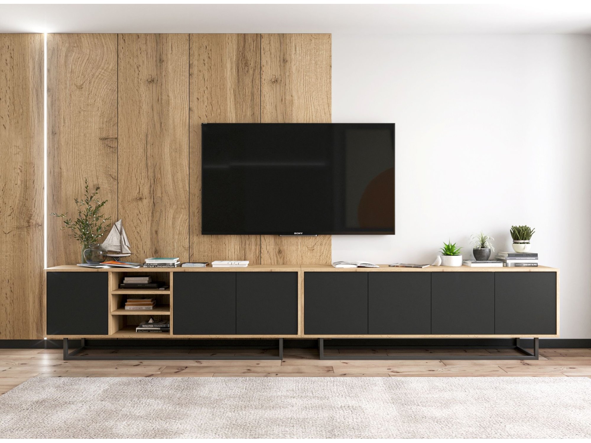 Szafka RTV Loft Industrialna, Dąb/Wotan, Czarny Mat 150 cm, Dobra Cena, Sklep Online