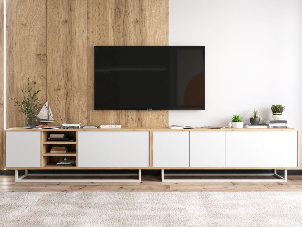 Szafka RTV Loft APOLLO 300 cm, Biała/Dąb Wotan, Dobra Cena, Sklep Online | Meble Lindner