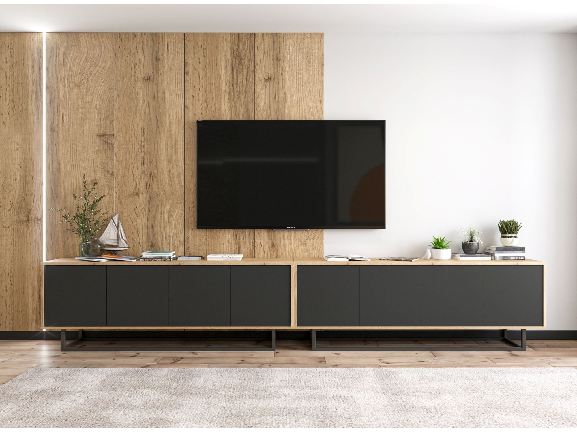 Szafka RTV Loft 300 cm APOLLO - Dąb Wotan/Czarny Mat, Dobra Cena, Sklep Online