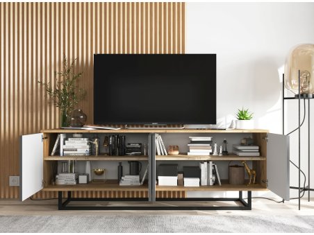 Stojąca szafka RTV Loft Industrialna APOLLO Dąb Wotan / Grafit Mat 300 cm na czarnej ramie