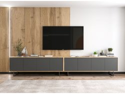 Stojąca szafka RTV Loft Industrialna APOLLO Dąb Wotan / Grafit Mat 300 cm na czarnej ramie
