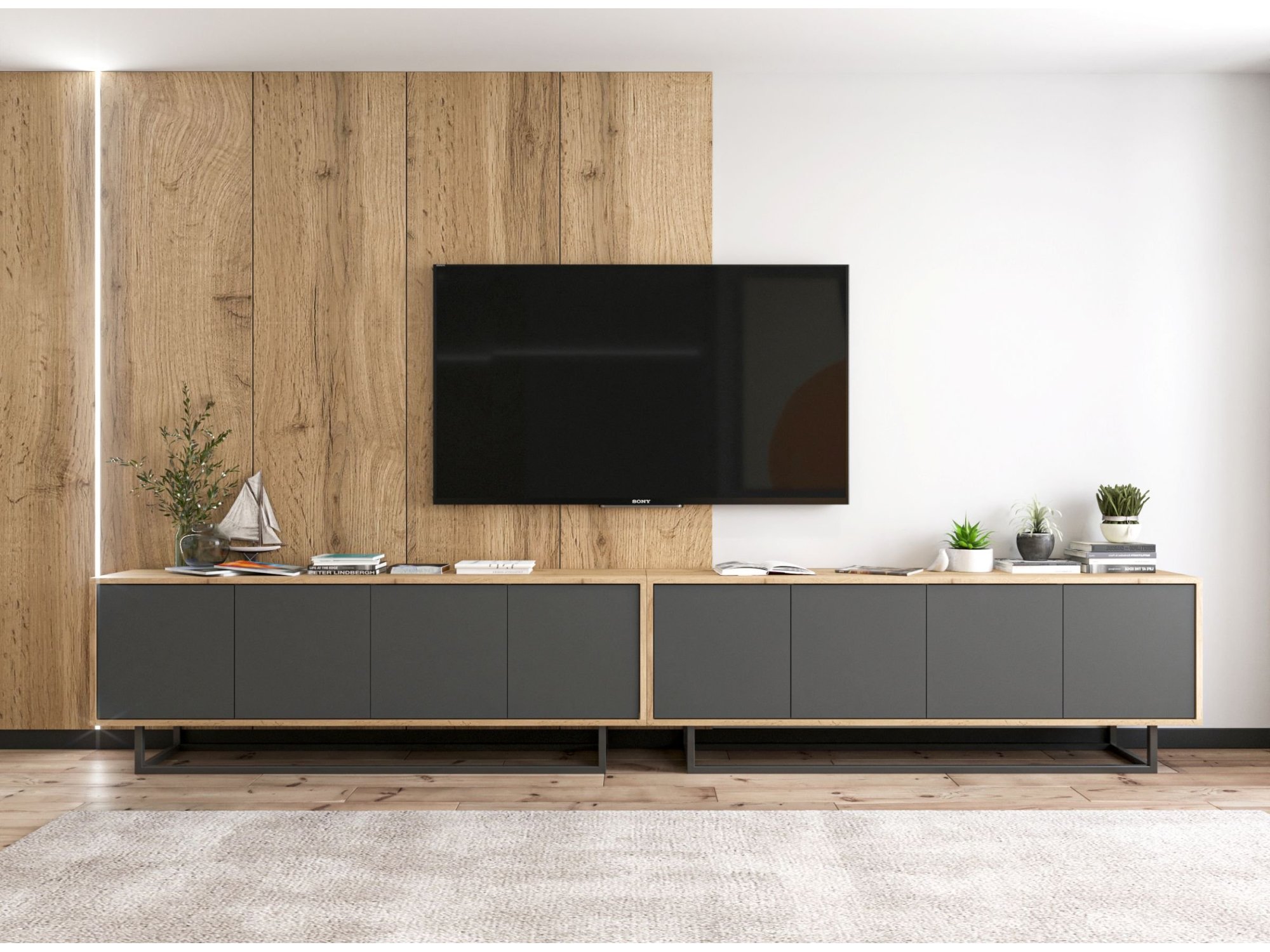 Stojąca szafka RTV Loft Industrialna APOLLO Dąb Wotan / Grafit Mat 300 cm na czarnej ramie