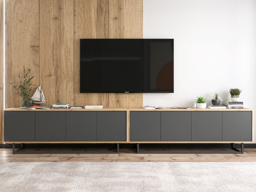 Stojąca szafka RTV Loft Industrialna APOLLO Dąb Wotan / Grafit Mat 300 cm na czarnej ramie