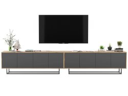 Stojąca szafka RTV Loft Industrialna APOLLO Dąb Wotan / Grafit Mat 300 cm na czarnej ramie