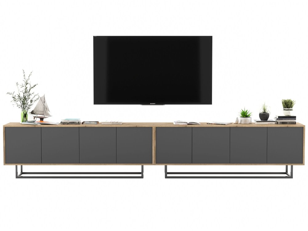 Stojąca szafka RTV Loft Industrialna APOLLO Dąb Wotan / Grafit Mat 300 cm na czarnej ramie