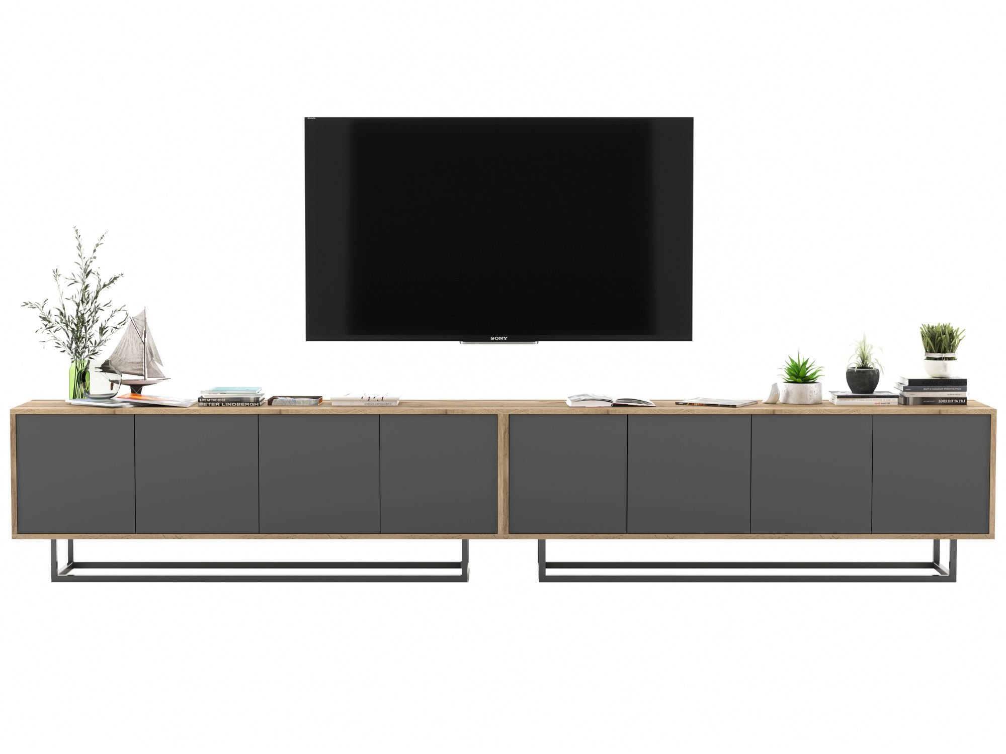 Stojąca szafka RTV Loft Industrialna APOLLO Dąb Wotan / Grafit Mat 300 cm na czarnej ramie