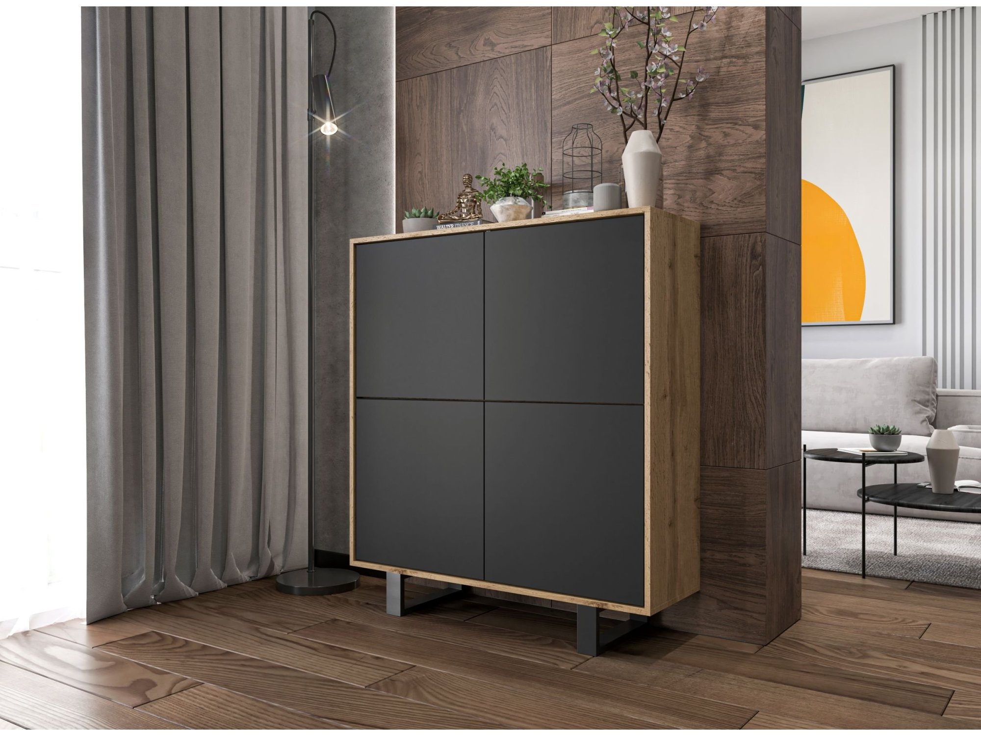Stojąca komoda RTV Loft Industrialna APOLLO Dąb Wotan / Czarny Mat 113 cm na czarnych nóżkach