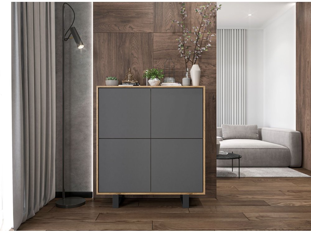 Stojąca komoda RTV Loft Industrialna APOLLO Dąb Wotan / Grafit Mat 113 cm na czarnych nóżkach