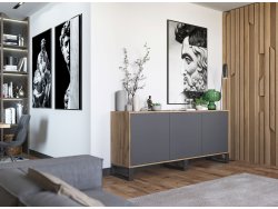Stojąca komoda RTV Loft Industrialna APOLLO Dąb Wotan / Grafit Mat 168 cm na czarnych nóżkach