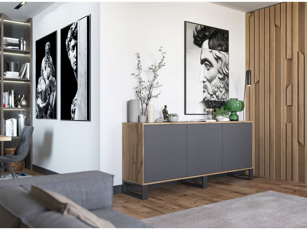 Stojąca komoda RTV Loft Industrialna APOLLO Dąb Wotan / Grafit Mat 168 cm na czarnych nóżkach
