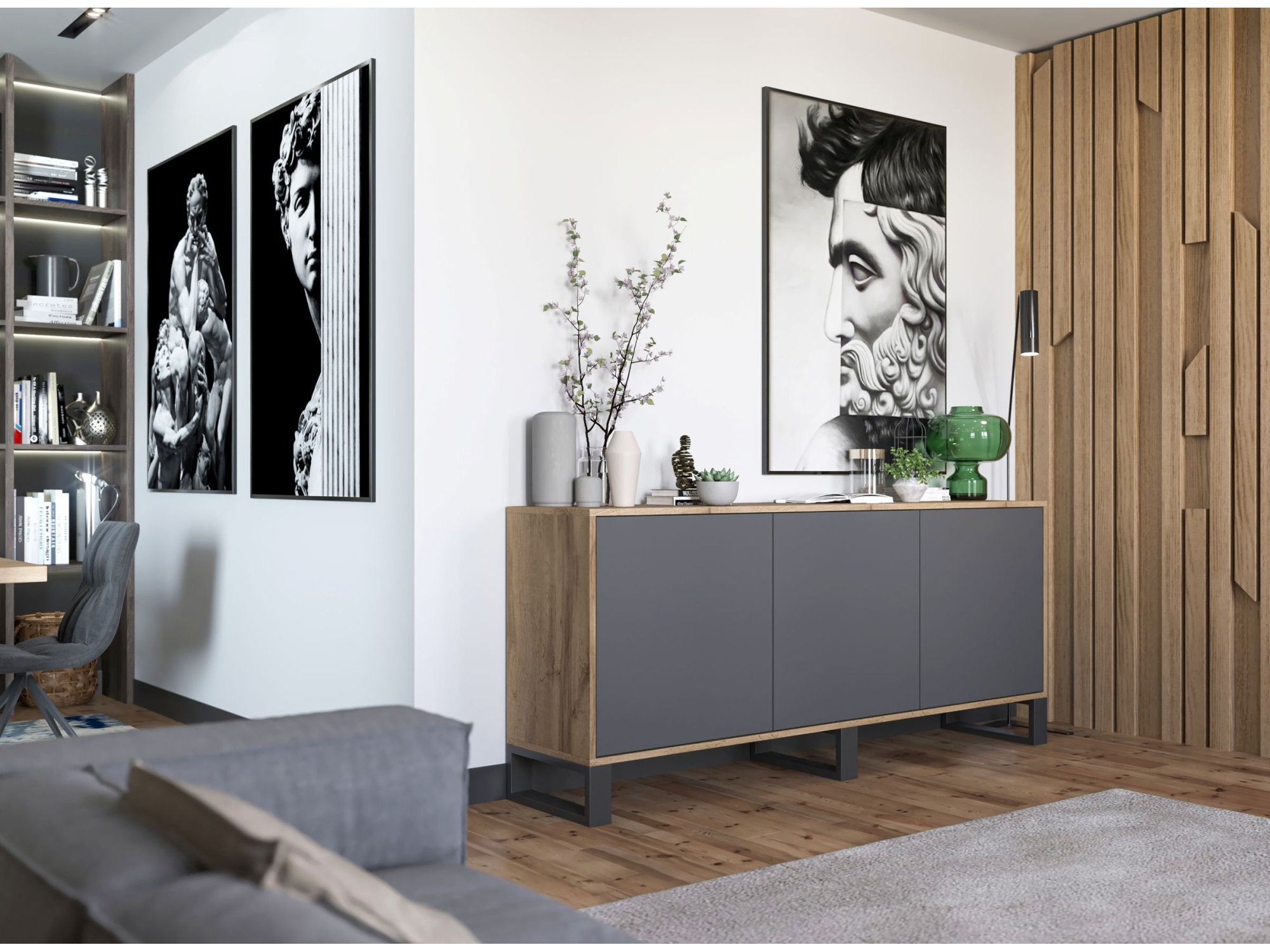 Stojąca komoda RTV Loft Industrialna APOLLO Dąb Wotan / Grafit Mat 168 cm na czarnych nóżkach