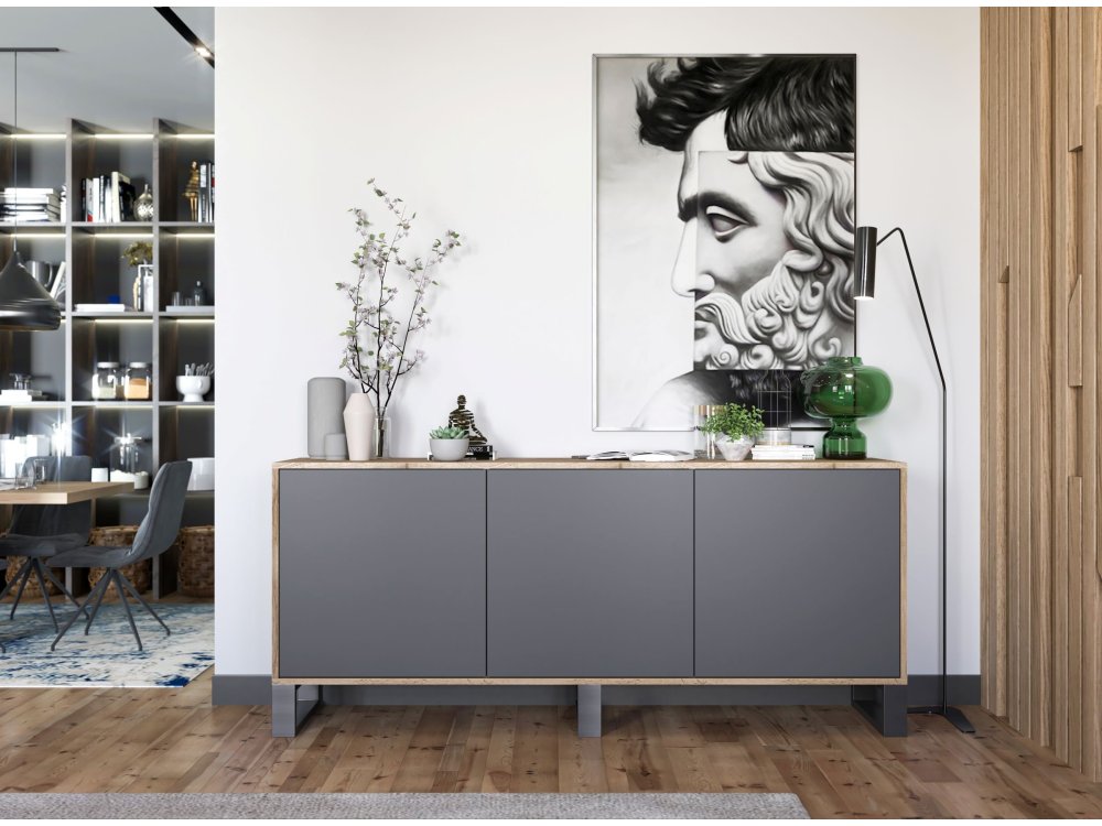 Stojąca komoda RTV Loft Industrialna APOLLO Dąb Wotan / Grafit Mat 168 cm na czarnych nóżkach