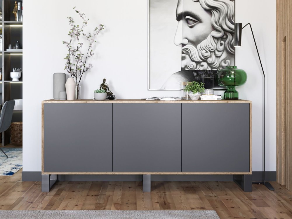 Stojąca komoda RTV Loft Industrialna APOLLO Dąb Wotan / Grafit Mat 168 cm na czarnych nóżkach