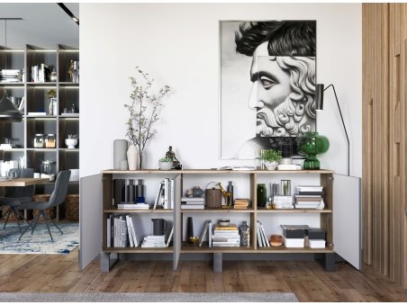 Stojąca komoda RTV Loft Industrialna APOLLO Dąb Wotan / Grafit Mat 168 cm na czarnych nóżkach