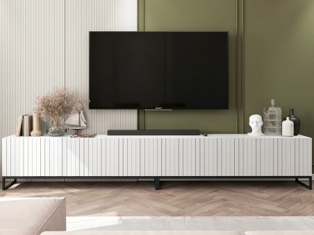 Stojąca szafka RTV Glamour ELPIS Biały Mat 300 cm na czarnej ramie1