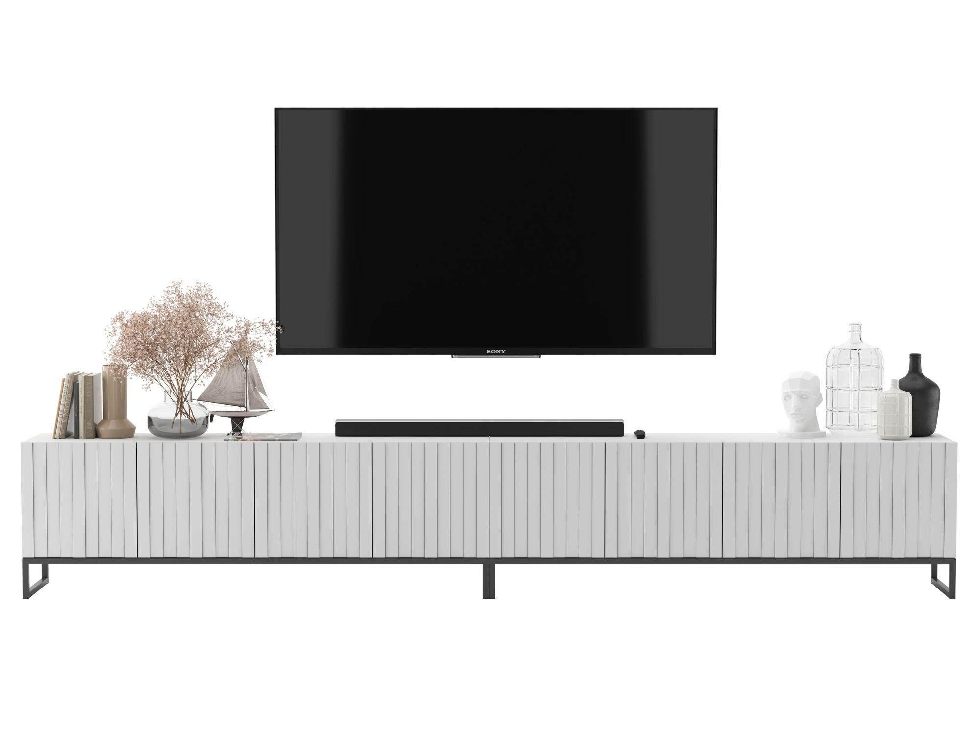 Stojąca szafka RTV Glamour ELPIS Biały Mat 300 cm na czarnej ramie
