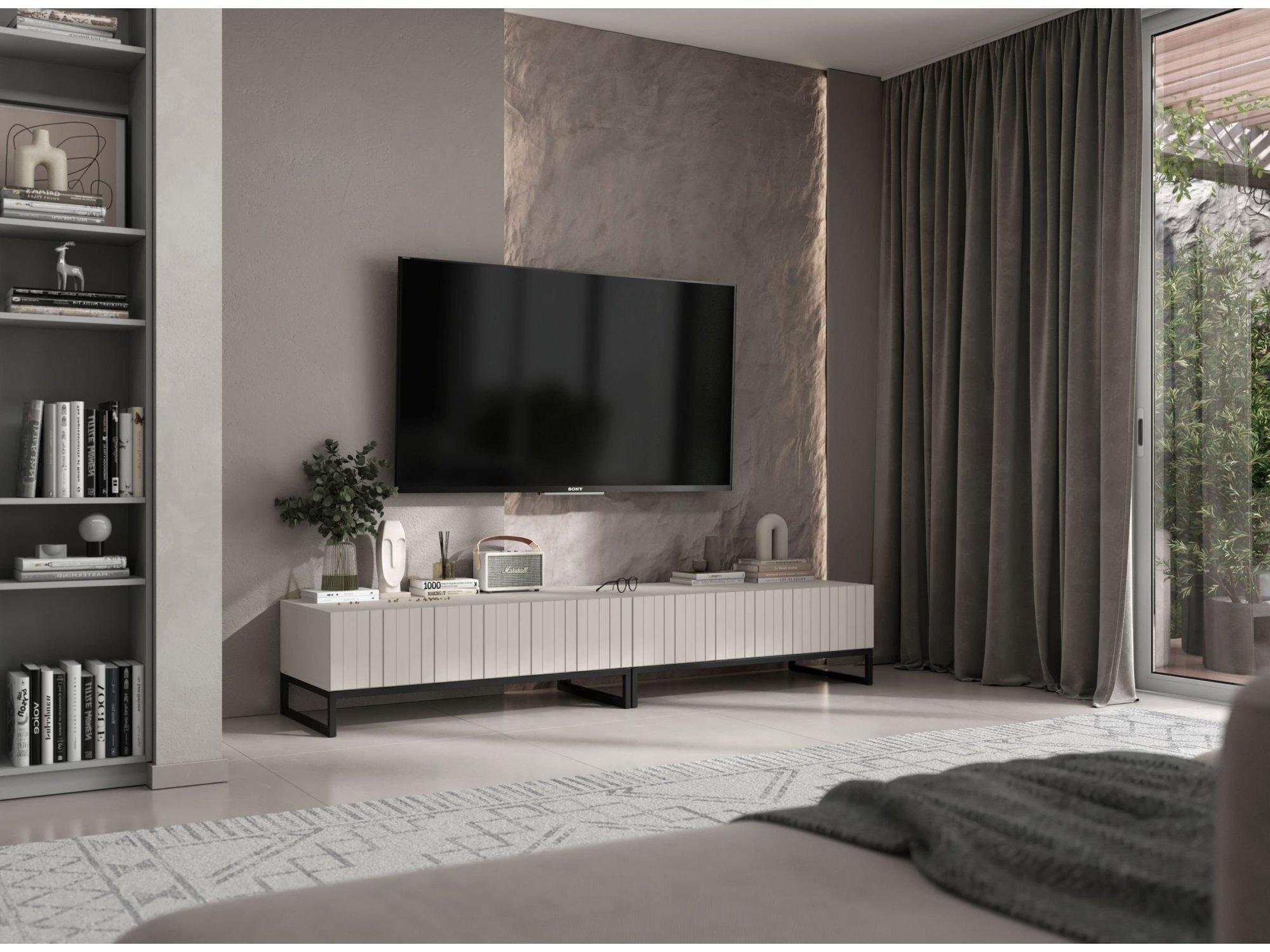 Stojąca szafka RTV Glamour ELPIS Kaszmir Mat 220 cm na czarnej ramie