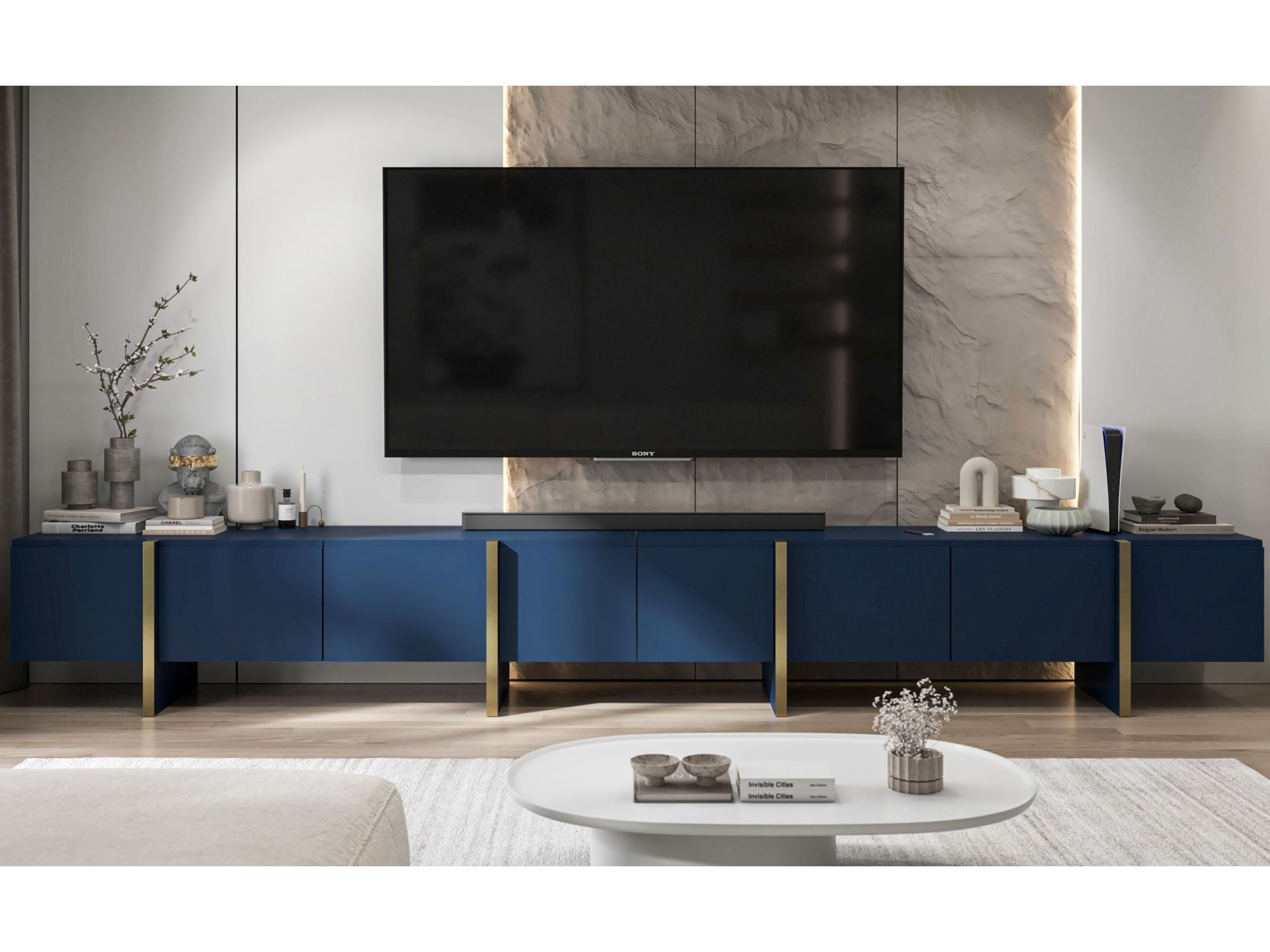 Stojąca szafka RTV Glamour KENZO Granatowy Mat 360 cm na nóżkach