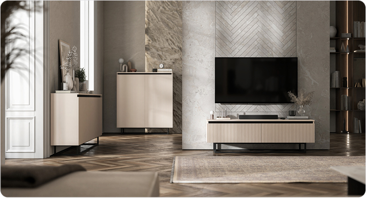 Aranżacja salonu z jasnymi meblami, komodą i szafką RTV w nowoczesnym wnętrzu