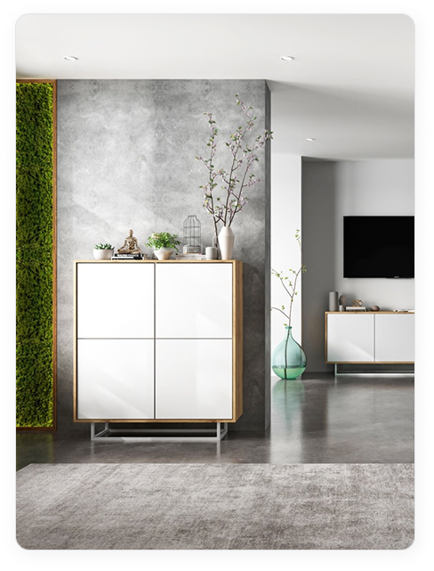 Aranżacja salonu z białą komodą w drewnianej ramie i minimalistycznym wystrojem