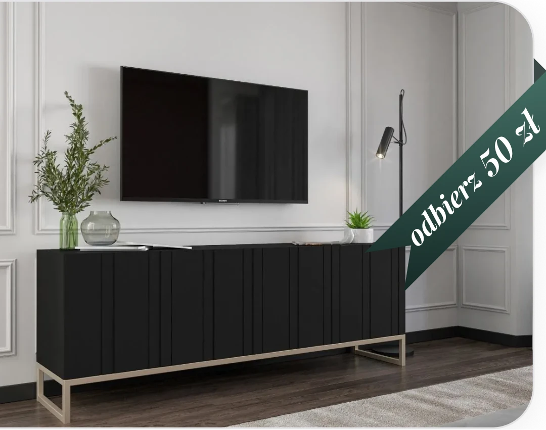 Czarna nowoczesna komoda RTV na metalowych nogach pod telewizorem w eleganckim salonie – widok mobilny